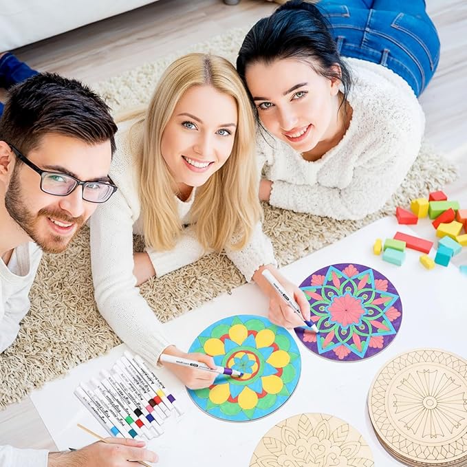 22 Pcs Wooden Mandala Painting Set 10 Mandala Unfinished Wood Cutouts with 12 Markers for Crafts Diwali Craft Wood Slices for Adults Painting DIY Tags Wedding Home Decors(Vintage Style)