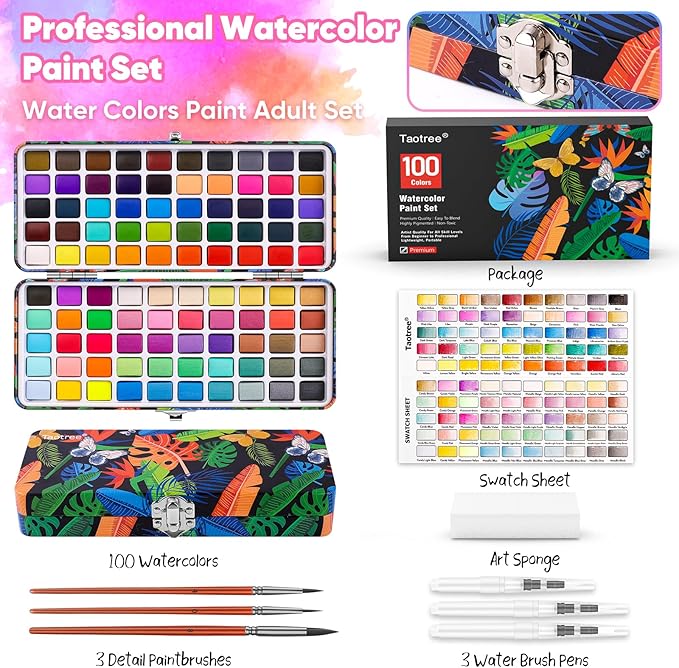 Taotree Watercolor Paint Set 100 Colors, Art Supplies Watercolors Kit Travel Water Colors with 3 Paints Brushes, Crafts Painting Supplies, Drawing for Adults Artist Drawing, Painting