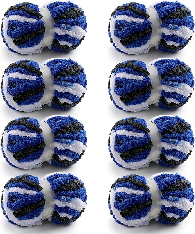 8 Pcs Chunky Yarn for Hand Knitting - Chunky Chenille Yarn for Crocheting - Fluffy Yarn for Crochet - Jumbo Yarn for Hand Knitting 25 yds 7.7 oz of Super Bulky Yarn (Black-White-Blue)