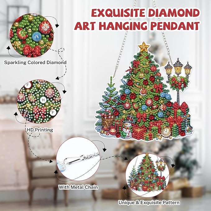 Bowetile Christmas Diamond Art Hanging Kits for Adults, Diamond Art Suncatchers Christmas Tree, 5D Special Shape Diamond Painting Pendant Window Ornament Christmas Gifts for Home Door Wall Decor