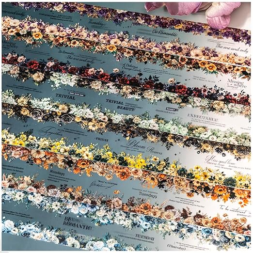 Kesari Flower Tape Stickers for Scrapbooking Supplies, 6 Rolls Floral Themed PET Washi Transparent Scrapbook Stickers for Journaling,Junk Journal Supplies, Planer (Dark Night)