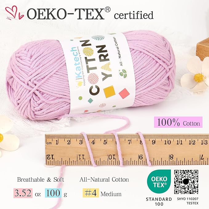 Katech 1OO% Cotton Yarn for Crocheting & Knitting-4 Pack of 100g/3.52 oz-4 Medium (Worsted) Cotton Crochet Yarn-Soft & Breathable-Ideal for Dishcloths, Baby Clothes, Potholders & Summer Projects(D)