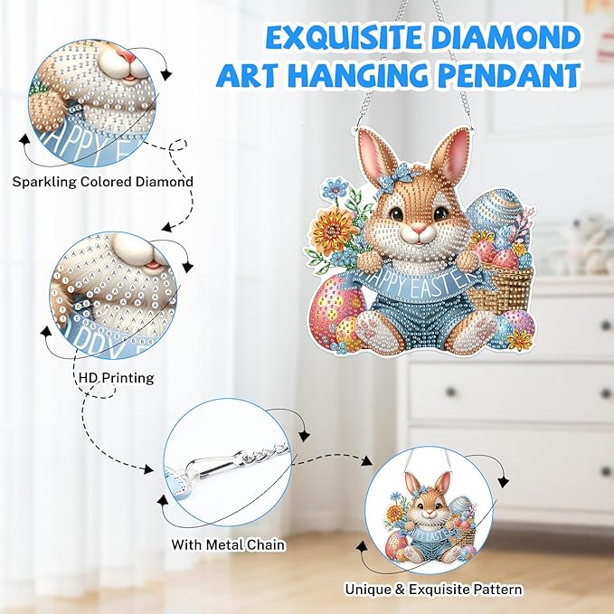 Bowetile Easter Hanging Diamond Art Kits for Adults Kids, 5D Special Shape Diamond Painting Rabbit Kits, Easter Diamond Gem Art Suncatchers Painting Pendant Home Decor, Gifts for Kids