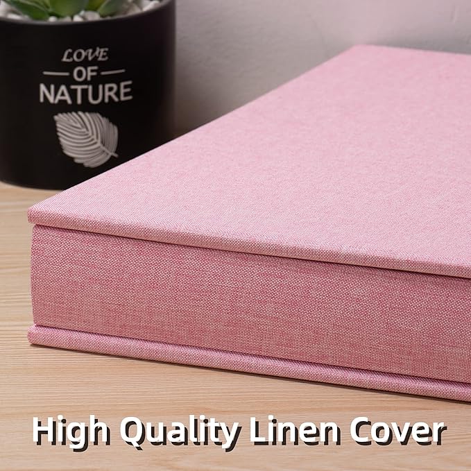 Large Photo Album Self Adhesive 4x6 5x7 3x5 8x10 Scrapbook Magnetic Album DIY Scrap Book Length 13 x Width 12.8 (Inches) 120 Black Sticky Pages Linen Cover DIY Photo Album(Pink)