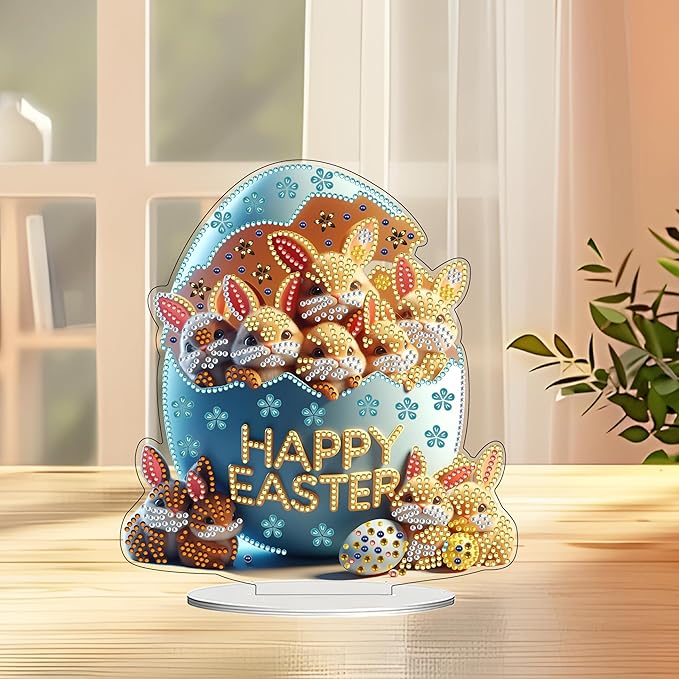 JJFox DIY Tabletop Diamond Art Painting Kit，Double Sided Desktop Ornament Special Shaped Rhinestone Desk Placement Ornament，Home Stand Up Gem Painting Craft Kit，Gift (Easter Egg Rabbit)
