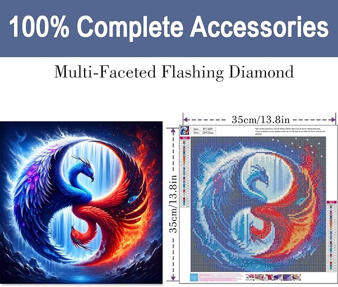 ijbnhd DIY Bird Diamond Painting Kits for Adults-Taichi Phoenix 5D Diamond Art Kits for Beginners, Full Drill Diamond Craft Kits for Home Wall Art Decor Gifts 14X14IN