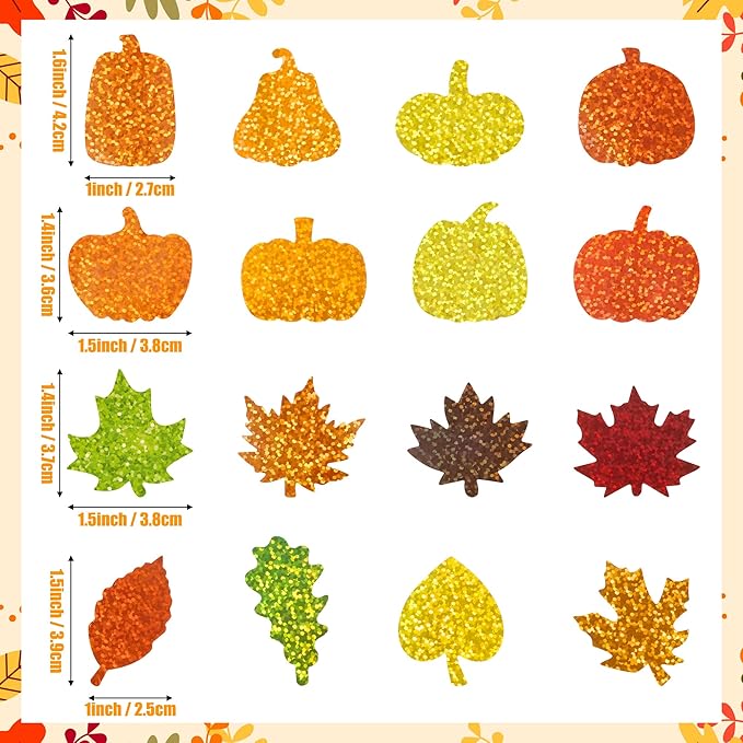 beyumi falll pumpkin leaves sticker - 1000pcs fall laser pumpkin maple leaves stickers in 2 rolls holographic sparkly glitter autumn thanksgiving adhesive decal gift party envelope decor for kids