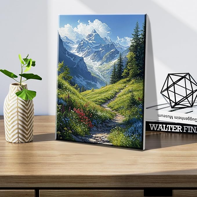 JOOZ Landscape Paint by Numbers for Adults Beginner with Easel Mountain Paint by Number Kits on Canvas with Frame DIY Abstract Tree Oil Painting for Gift Home Wall Decor 7.87x11.81 Inch