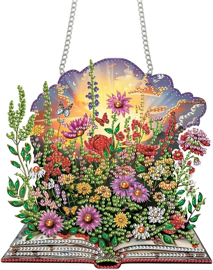 Yomiie Book Flowers Sun Catcher Window Hanging - DIY Double Sided Bouquets Diamond Painting Pendant Kit, Acrylic Diamonds Art Ornament for Front Door Sign & Indoor/Outdoor Garden Decor(8x8 inch)