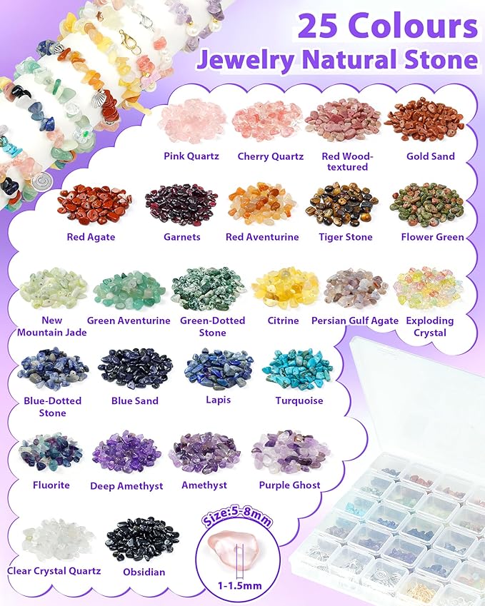FIVEIZERO Jewelry Making Kit - 1956 PCS Natural Chip Stone Beads(25 Colors, 4-12mm) with Crystal Beads, Metal Charms, Jump Rings & Earring Hooks for DIY Bracelets, Necklaces, Earrings