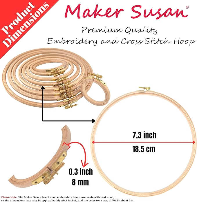 maker susan 7.3" wood embroidery hoop, round beechwood cross stitch hoop with adjustment brass screw, cross stitch hoops and frames, suitable for embroidery, craft sewing (7.3 inch)