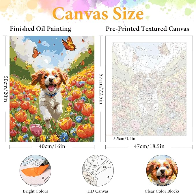 Okarina Paint by Numbers Kit for Adults Beginner Dog, Flowers Adult Paint by Number Kits on Canvas, Happy Puppy DIY Acrylic Oil Painting by Numbers for Adults, Perfect for Home Wall Decor 16X20 Inch