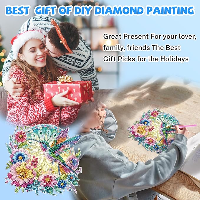 Bowetile Bird Diamond Art Hanging Kits for Adults, 5D Special Shape Diamond Painting Flowers Pendant Kits, Animal Gem Art Suncatchers Painting Ornament for Home Garden Wall Decor
