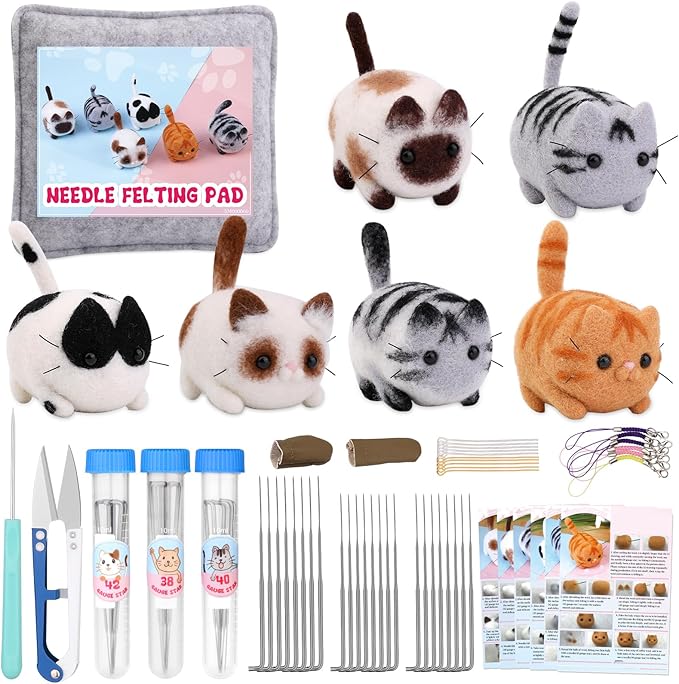 UOOU Felting Kit, Needle Felting Kits for Beginners Adult, Needle Felting Supplies with 24Pcs Felting Needles, Felting Pad, Wool Roving, DIY Needle Felting Cat Dolls