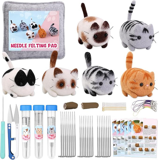 UOOU Felting Kit, Needle Felting Kits for Beginners Adult, Needle Felting Supplies with 24Pcs Felting Needles, Felting Pad, Wool Roving, DIY Needle Felting Cat Dolls