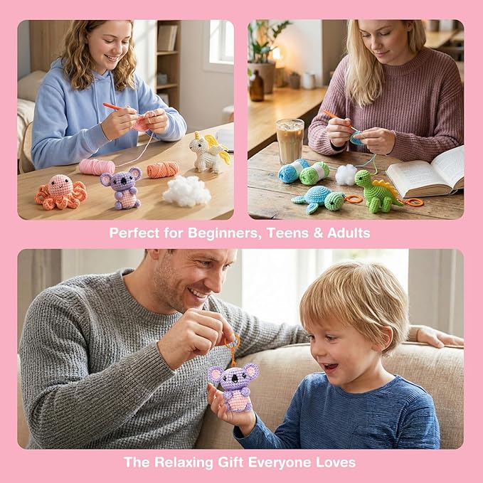 Avenir Beginner Crochet Kit for Adults & Teens - Small Portable Animals Kit with Keychain, Complete Supplies & Video Tutorials, Perfect Arts & Crafts Gift for Women & Girls (Curly Unicorn)