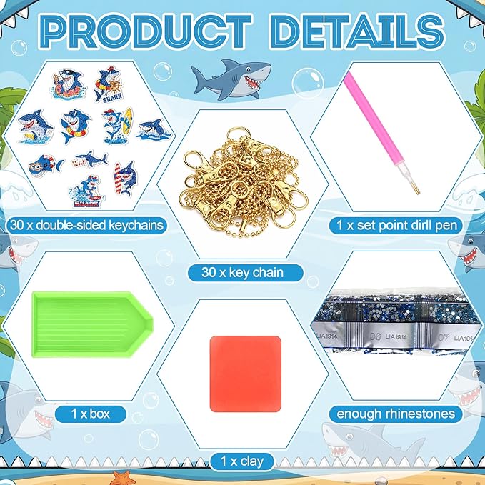 Huquary 30 Pcs Summer Diamond Art Keychains Shark Diamond Art Kits for Aldults Double Sided 5d Rhinestones Ocean Animal Beach Hanging Key Chains Ornaments for Beginners DIY Crafts Party