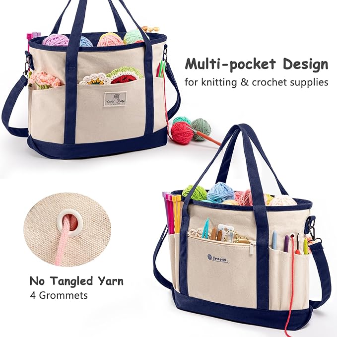 Canvas Yarn Storage Organizer Bag Washable Crochet Bag with Pockets for Yarn, Hooks, Needles – Travel Knitting Tote for Crafters – Gift for Crocheters & Knitters (Medium/Large)