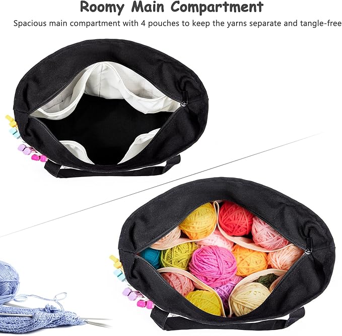 Canvas Yarn Storage Organizer Bag Washable Crochet Bag with Pockets for Yarn, Hooks, Needles – Travel Knitting Tote for Crafters – Gift for Crocheters & Knitters (Medium/Large)