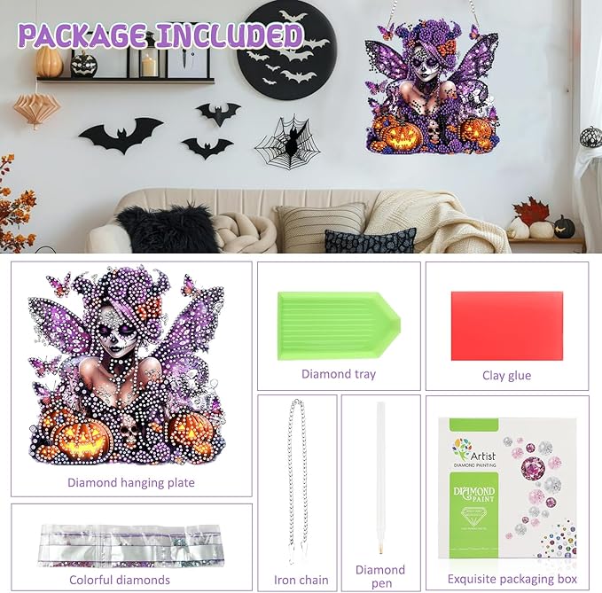 RICUVED Diamond Art Hanging Kit for Adult, Halloween Special Shaped Crystal Gem Craft Diamond Painting Pendant Kits for Adults Beginners, DIY Pumpkin Hanging Art Ornament Kit for Home Garden