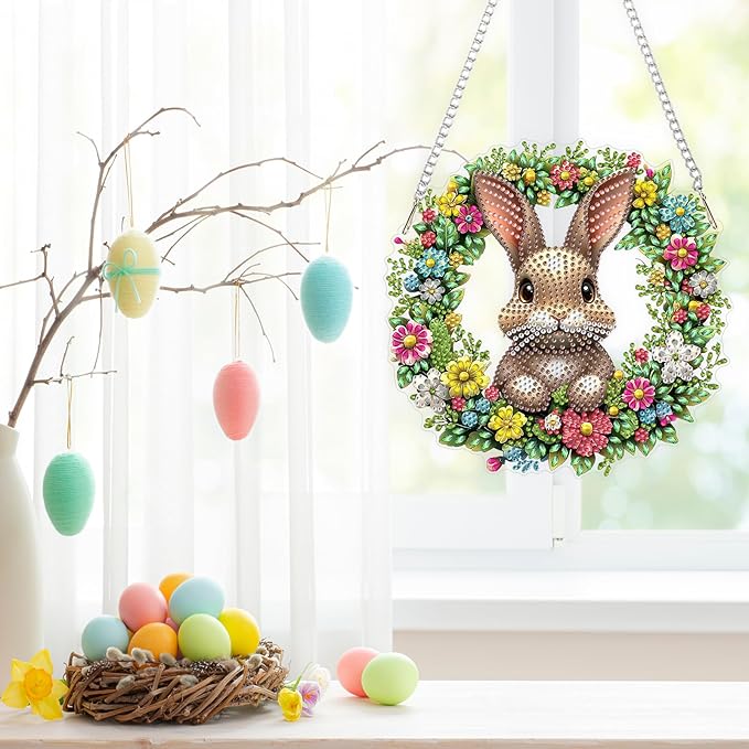 Easter Rabbit Diamond Art Hanging Ornaments Kits for Adults, Diamond Painting Pendant Kits, DIY Acrylic 5D Special Shaped Crystal Gem Art Painting Ornament for Home Wall Easter Decor Gift 8x8 Inch