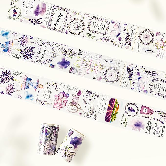 WT Pre-Cut Purple Muse Wide PET Tape, Single Roll, Soft Purple Florals & Handwritten Script, Transparent Decorative Tape for Journaling, Scrapbooking, Bujo, Planner, DIY Crafts, 70mm×5m
