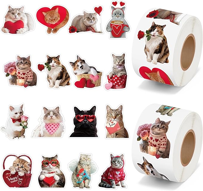 h1vojoxo valentine’s day sticker rolls - 1000pcs valentine’s day holiday cat stickers for kids classroom 16 design valentines cute cat sticker for craft valentines funny cats stickers for envelope