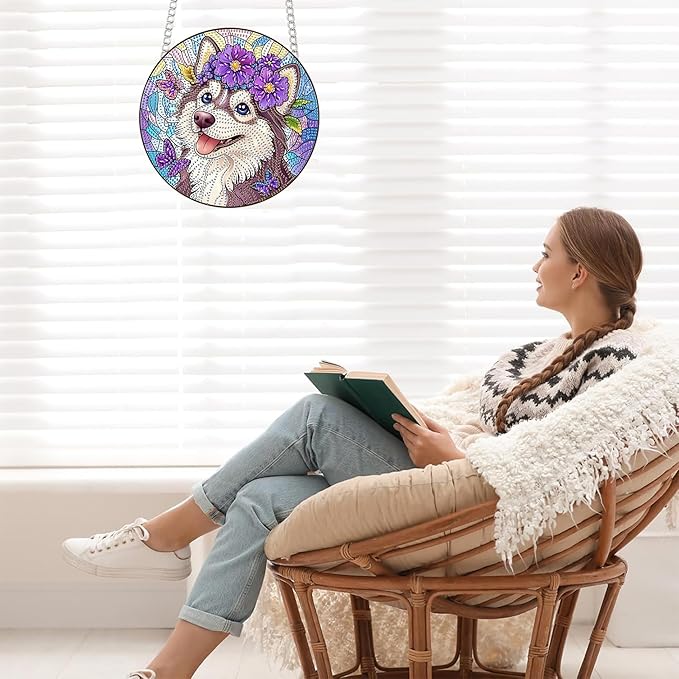 Bimkole Smiling Dog Diamond Art Hanging Kit for Adult, DIY 5D Diamond Art Animal Window Pendant, Acrylic Crystal Art Hanging Ornament Home Wall Garden Front Door Sign Outdoor Decor 7.8x7.8 Inch
