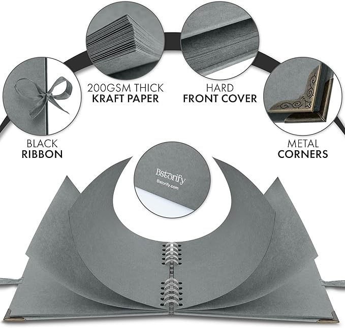 Bstorify Square Scrapbook Photo Albums 7 x 7 Inch Grey Hardcover with Ribbon Closure - Ideal for Scrapbooking, Art & Craft Projects