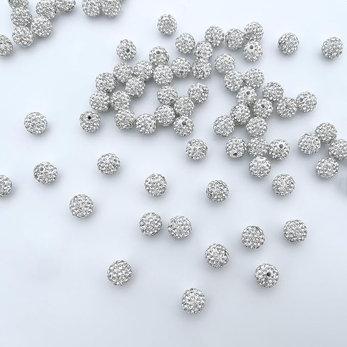 100 pcs 10mm Rhinestone Beads for Jewelry Making, White Shiny Round Disco Ball Beads, Bulk Clay Rhinestone Bead Sparkle Crystal Diamond Bead for Bracelet Necklace Earring Crafting