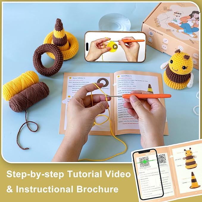 YESJOLI Crochet kit for Beginners, Crochet Animal Kits,Crocheting kit for Starters with Step-by-Step Video, Beginner Crochet kit for Adults Women, Crafts bee