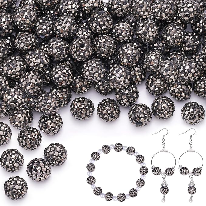 150 pcs 10mm Rhinestone Beads for Jewelry Making, Hematite Shiny Round Shamballa Disco Beads Bulk, Sparkle Crystal Clay Christmas for Bracelet Baseball Necklace Earring Crafting and DIY