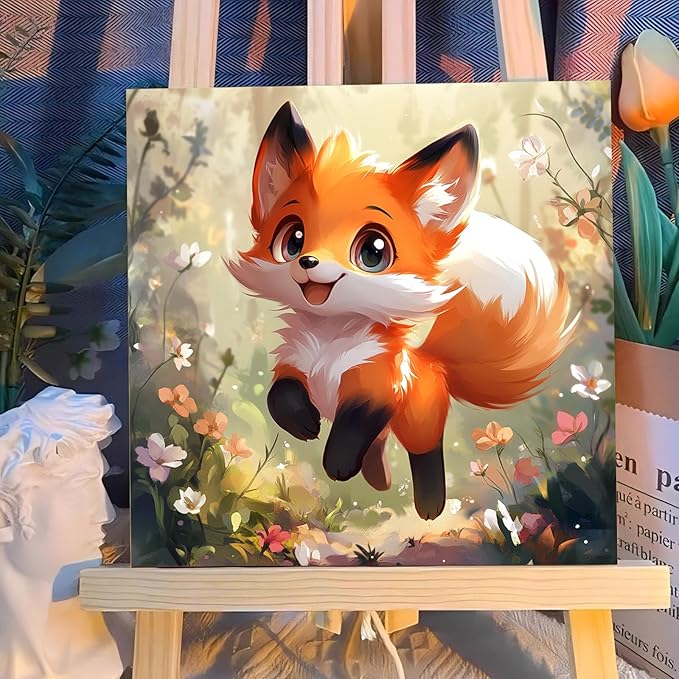 Reivworl Paint by Numbers Kit for Kids with Frame and Easel, Fox Paint by Number for Kids Age 6-8-12, Paint by Numbers Kits for Gifts and Home Decor - 8X8Inch