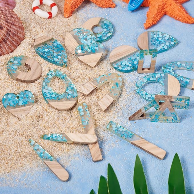 Beadthoven Sea Blue Charms for Earrings Making, 20pcs/10 Pairs Resin Wood Pendants DIY Women Necklace Wooden Pendants Supplies for Jewelry Making Bookmarks Ornaments Dangle Crafts