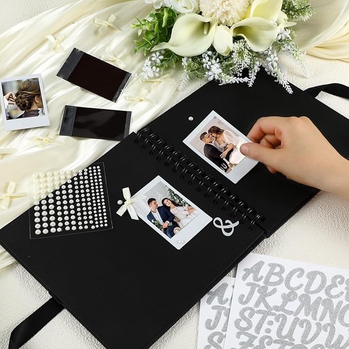 Fuyoooo 8 x 8 Inch Letters to The Bride Scrapbook Wedding Memory Book Bridal DIY Blank Paper Scrapbook Photo Album Guest Book Sign with Pearl Stickers, Metallic Letters, Bows(Black)
