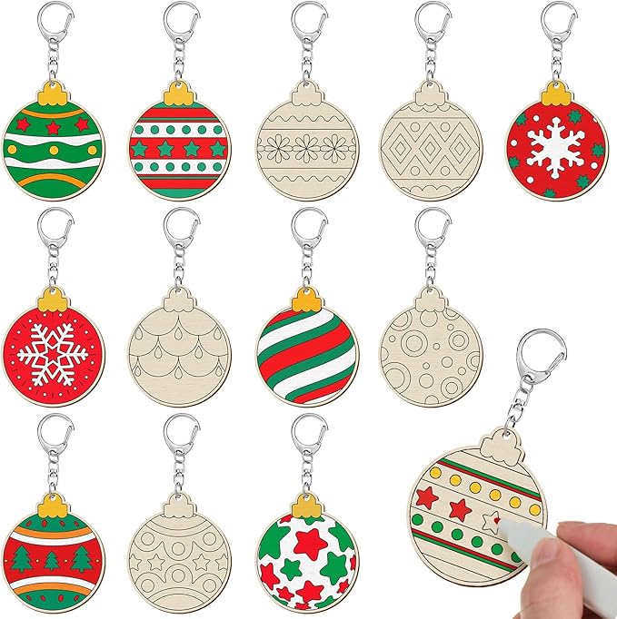 Trnayi 36 Pcs Christmas Ball Crafts Wooden Color Your Own Keychains Unfinished Slices Keychain for Christmas Painting DIY Arts Crafts Holiday Project