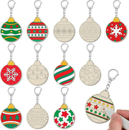 Trnayi 36 Pcs Christmas Ball Crafts Wooden Color Your Own Keychains Unfinished Slices Keychain for Christmas Painting DIY Arts Crafts Holiday Project