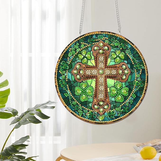 Reofrey Hanging Diamond Art Kits for Adults - 8x8 Inch Cross Acrylic Board Double Sided Pattern Diamond Painting Suncatcher Pendant, DIY Crystal Art for Home Wall or Window Decoration Handmade Gift
