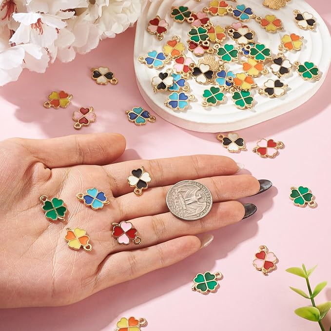 Cheriswelry 50Pcs Clover Charms Enamel Alloy Gold Plated Pendants Shamrock Four Leaf Lucky Pendants 18x12x1.3mm for St. Patrick's Day Decoration Necklace Bracelet Earring DIY Jewelry Making