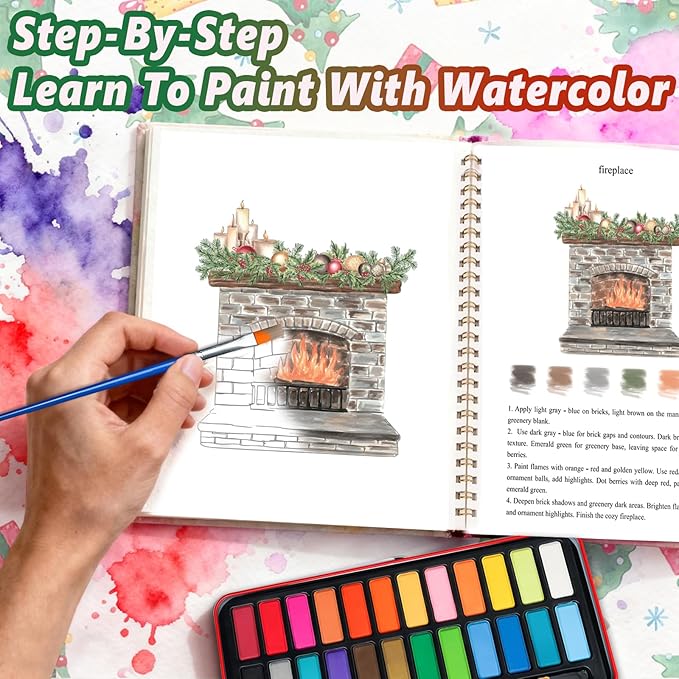 Watercolor Workbook - Coloring Book Beginner Friendly Painting Kit, Watercolor Workbooks for Adults with 24 Colors Paint, Exploration Gift for Adults Teens (Christmas)
