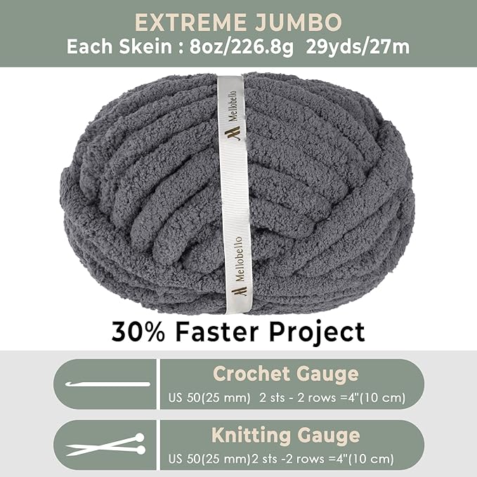 Jumbo Chunky Yarn for Hand Knitting - Super Thick Chenille Chunky Yarn for Crocheting - Extra Soft Bulky Fluffy Blanket Big Yarn 8 Jumbo Pack (27yds,8 oz Each Skein) Charcoal Grey