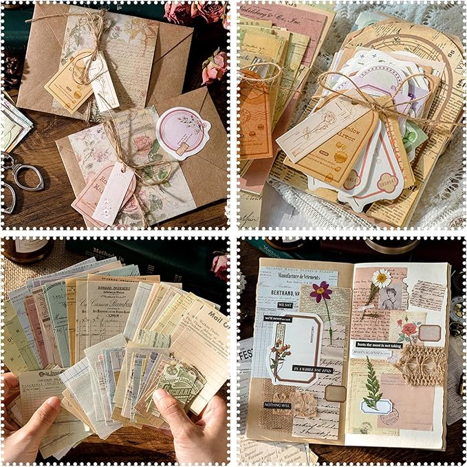 400Pcs Scrapbook Supplies Kit,4 Pack of Vintage Scrapbook Paper for Planner Bullet Junk Journal Supplies, Decoupage Paper Card Making Supplies and Scrapbooking Supplies DIY Mixed Media Collage Card