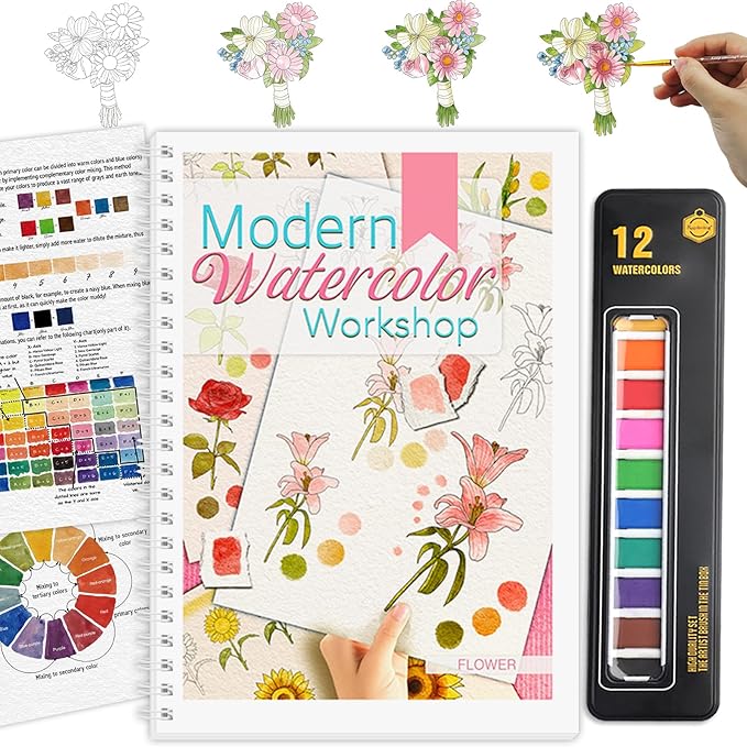 Watercolor Workbook, Watercolor Workbook Paint Book Beginner Friendly with 12 Patterns, Beginner-Friendly Watercolor Workbooks with 12 Paint Colors & Brush, Water Color Paint Set Valentine's Day Gift