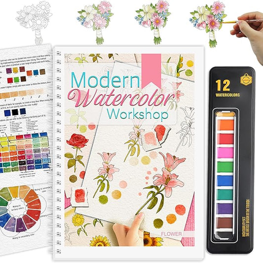 Watercolor Workbook, Watercolor Workbook Paint Book Beginner Friendly with 12 Patterns, Beginner-Friendly Watercolor Workbooks with 12 Paint Colors & Brush, Water Color Paint Set Valentine's Day Gift