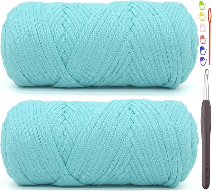 2 Pack Tshirt Yarn for Crocheting,Aqua BlueT Shirt Chunky Elastic Fabric Thick T-Shirt Crochet Yarn for Beginners Crocheting Hand Knitting Bag/Basket/Coasters/DIY Crafts/Home Decor 2 * 200G(Aqua Blue
