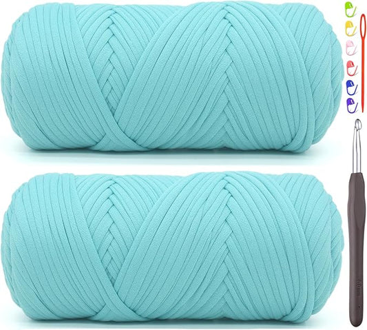2 Pack Tshirt Yarn for Crocheting,Aqua BlueT Shirt Chunky Elastic Fabric Thick T-Shirt Crochet Yarn for Beginners Crocheting Hand Knitting Bag/Basket/Coasters/DIY Crafts/Home Decor 2 * 200G(Aqua Blue