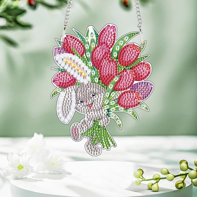 Tontut Easter Diamond Painting Wall Hanging, Bunny Flower Special Shape Diamond Painting Kits, Acrylic Crafted Diamond Art for Home Wall Garden Decoration