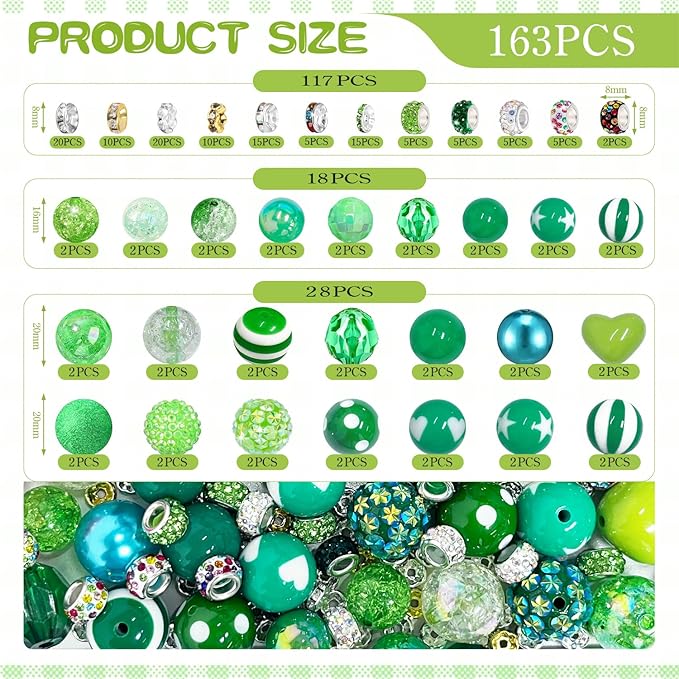 163 Pcs Pen Beads for Beadable Pens: Bubblegum Beads for Pen Making Bulk with Spacer Bead Rhinestone Bead (Green)