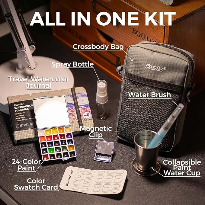 Funto Mini Watercolor Paint Set, All-in-One 24-Color Travel Paint Kit, with Crossbody Bag, Watercolor Journal, Paint Water Cup, Pocket Set for Artists