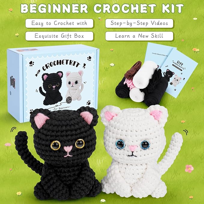 Fortuning's JDS Crochet Kit for Beginners, Cat Crochet Kits Complete Starter Kit with Step-by-Step Video Tutorials, Knitting Kit Adults, DIY Craft Gift for Birthday, Valentine's Day, Christmas